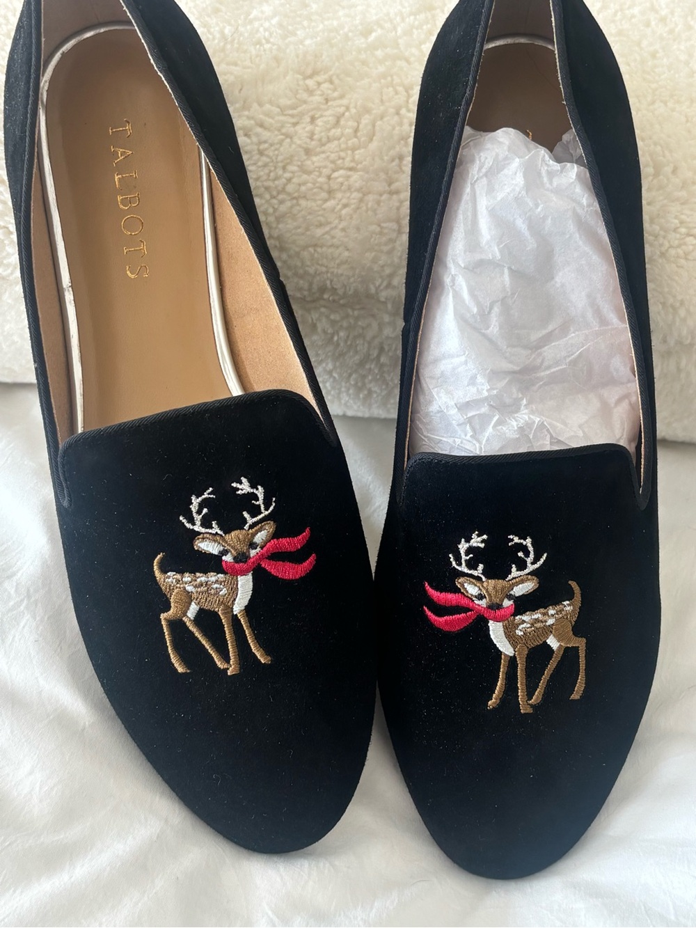 Talbots Black Velvet Reindeer Embroidered Loafers